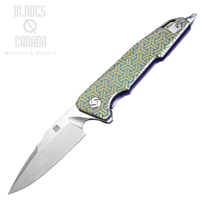 Artisan Cutlery Predator Flipper Folding Knife, S35VN, Titanium Blue/Gold, 1706GBU02