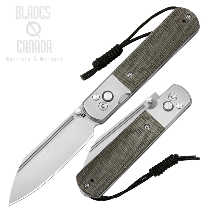 Artisan Cutlery Holm Button Lock Folding Knife, S90V Stonewash, Steel/Micarta Green, 1875G-ODG