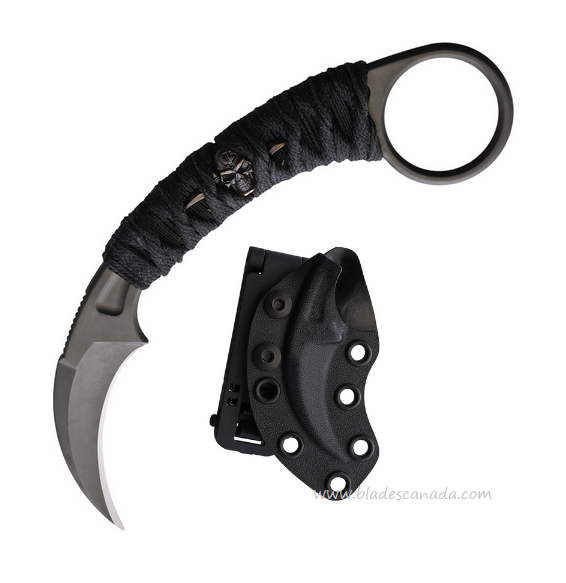 Bastinelli Creations PiKa Karambit Knife, N690 Black, Cord Wrapped Menuki, Kydex Sheath, BC-12BM