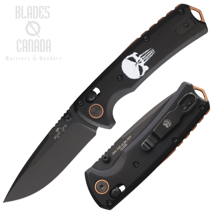 Bear & Son Nekama II Slide Lock Folding Knife, 14C28N Black, Aluminum Black w/Skull Art, UMC1100ALBK-BSK (image for) Bear & Son Nekama II Slide Lock Folding Knife, 14C28N Black, Aluminum Black w/Skull Art, UMC1100ALBK-BSK