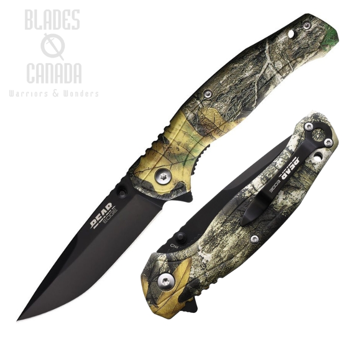 Bear & Son Brisk 2.0 Flipper Folding Knife, Assisted Opening, Stainless Black, Camo, BC61537