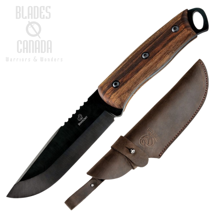 Beavercraft Dusk Bushcraft Fixed Blade Knife, 1066 Black, Walnut Hanlde, Leather Sheath, BVRBSH4