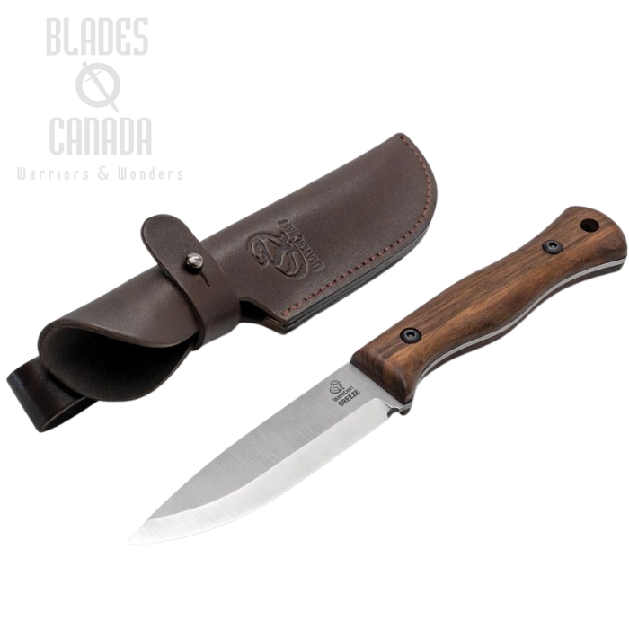 Beavercraft Breez Bushcraft Fixed Blade Knife, 1066 Satin Scandi, Walnut, Leather Sheath, BVRBSH6