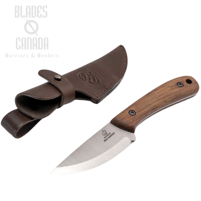 Beavercraft Wild Harvest Bushcraft Fixed Blade Knife, 1066 Carbon Satin Scandi, Walnut, Leather Sheath, BVRBSH7