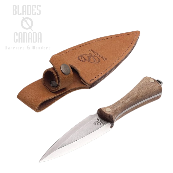 Beavercraft Dagger Fixed Blade Neck Knife, 1.4116 Satin Scaber, Walnut Handle, Leather Sheath, BVRNCK1