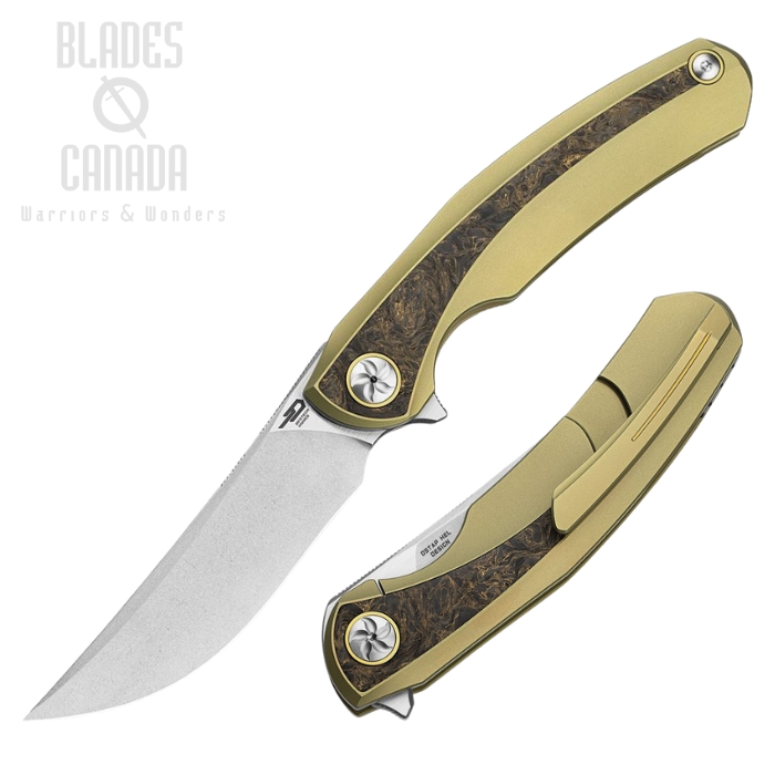 Bestech Sambac Flipper Framelock Knife, MagnaCut Satin/SW, Titanium Dark Matter Gold/Fat Carbon Fiber Inlay, BT2402A