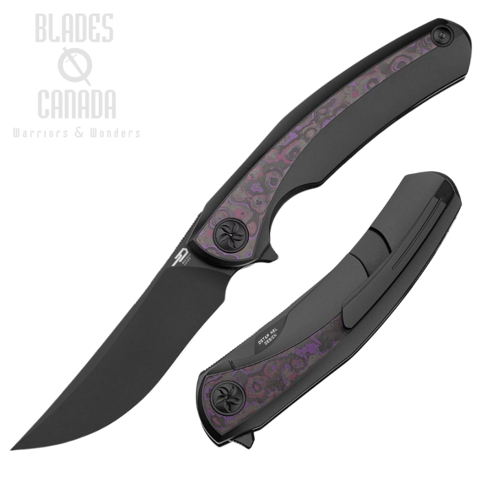 Bestech Sambac Flipper Framelock Knife, MagnaCut, Titanium Black/Purple Haze Fat Carbon Inlay, BT2402B