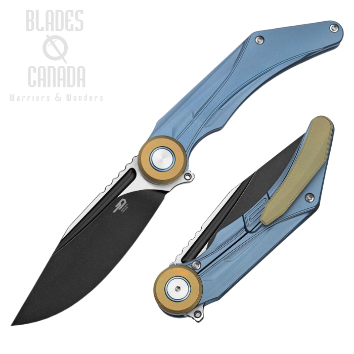 Bestech Seraph Flipper Framelock Knife, M390 Black SW/Satin, Titanium Blue, BT2403D