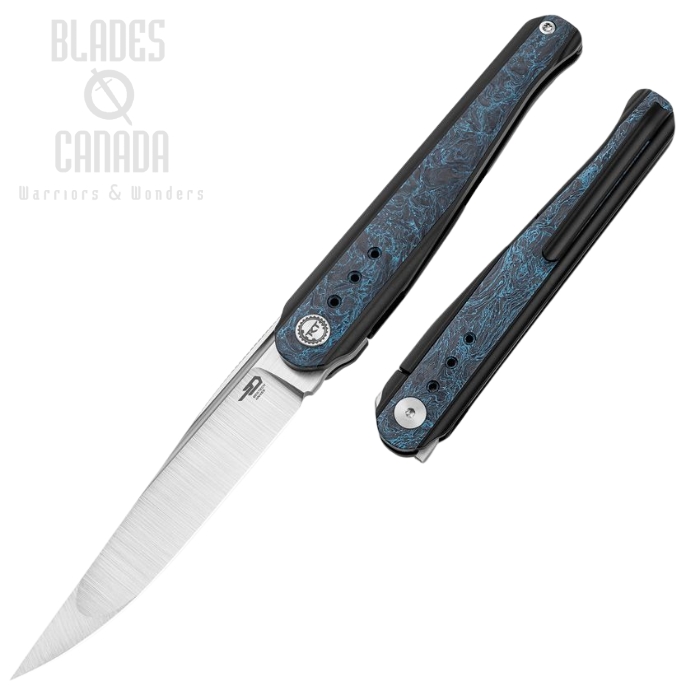 Bestech Spear Phisher Flipper Framelock Knife, M390 Satin, Titanium/Carbon Fiber Blue Marble, BT2405C