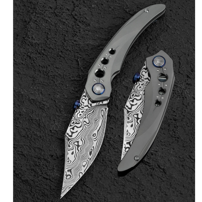 Bestech Razon Framelock Folding Knife, Damasteel, Titanium White Bead Blast, BT2406E