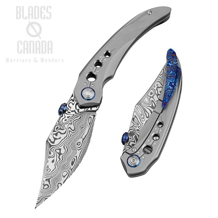 Bestech Razon Framelock Folding Knife, Damasteel, Titanium White Bead Blast, BT2406E