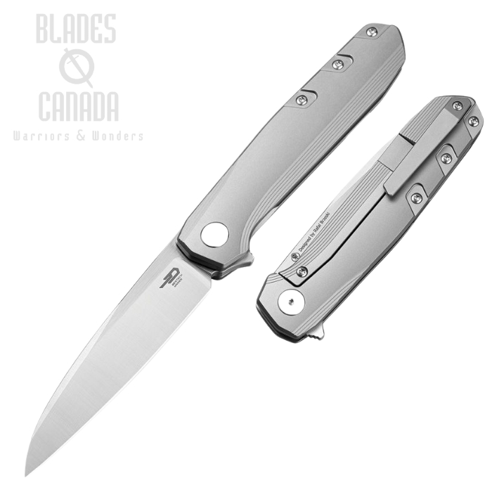 Bestech 9 Flipper Framelock Knife, M390 Satin, Titanium White Bead Blast, BT2408A