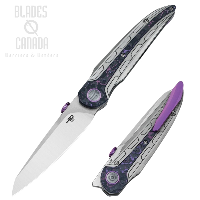 Bestech Prydwen Framelock Folding Knife, MagnaCut Satin/SW, Titanium/Purple Haze Fat Carbon Inlay, BT2409A