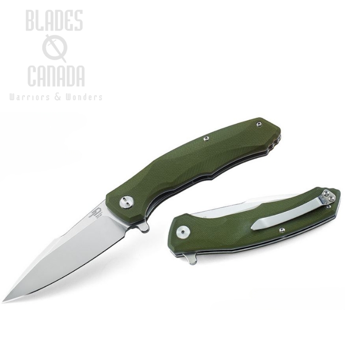 Bestech Warwolf Flipper Folding Knife, D2 Two-Tone, G10 Green, BG04B