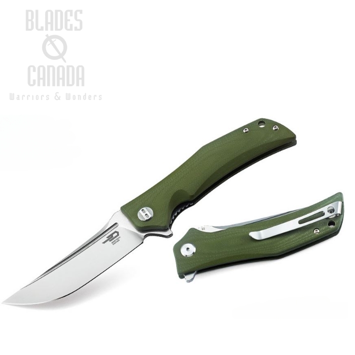 Bestech Scimitar Flipper Folding Knife, D2 Two-Tone, G10 Green, BG05B-1