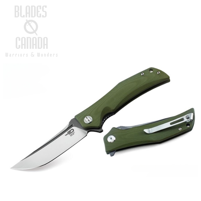 Bestech Scimitar Flipper Folding Knife, D2 Two-Tone, G10 Green, BG05B-2