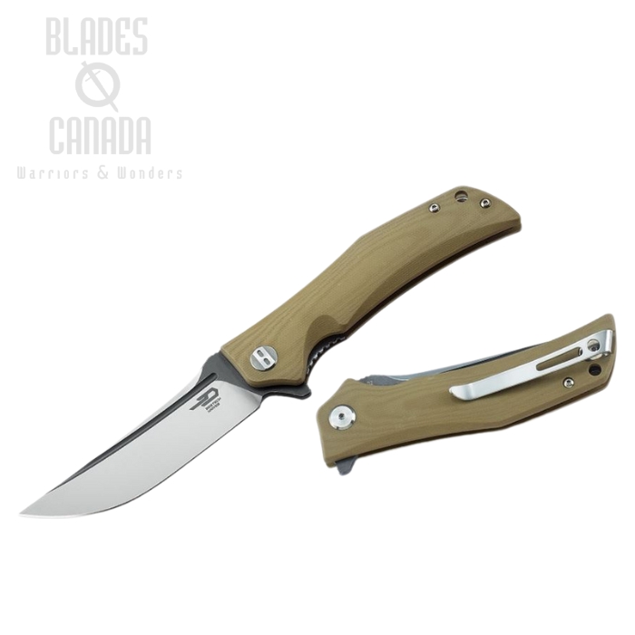 Bestech Scimitar Flipper Folding Knife, D2 Two-Tone, G10 Tan, BG05C-2