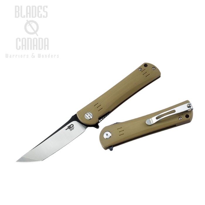 Bestech Kendo Flipper Folding Knife, D2 Tanto Two-Tone, G10 Tan, BG06C-2