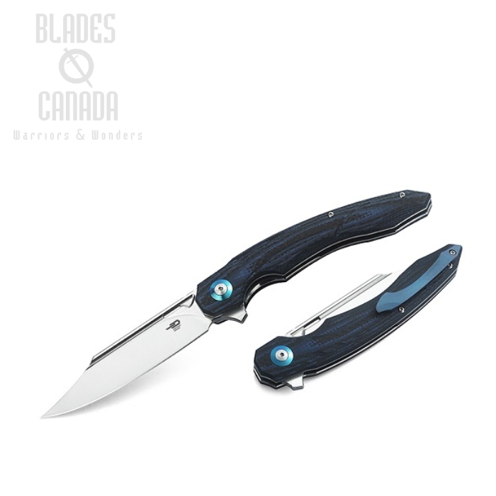 Bestech Fanga Flipper Folding Knife, D2 Clip Point, G10 Blue/CF, BG18E