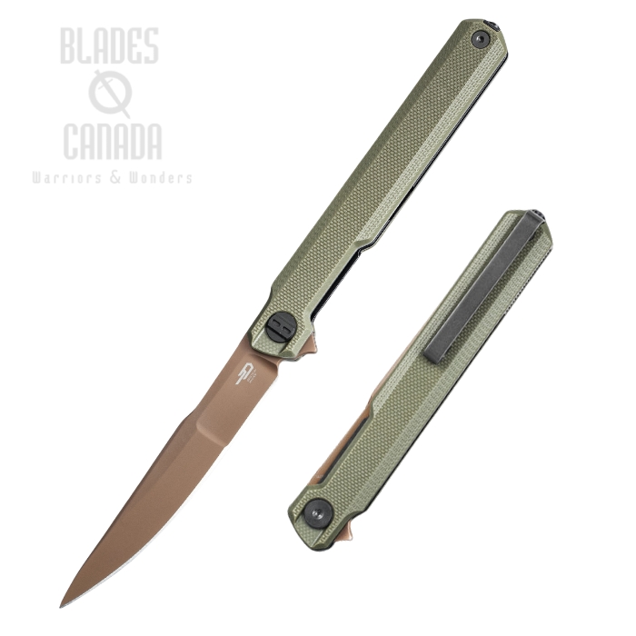 Bestech Duoz Flipper Folding Knife, 14C28N Gold PVD, G10 OD Green, BG65F (image for) Bestech Duoz Flipper Folding Knife, 14C28N Gold PVD, G10 OD Green, BG65F