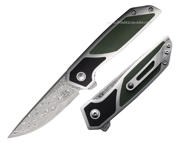 Begg Knives Diamici Flipper Folding Knife, Damascus, Stainless/Micarta Black & Green Inlay, BG015M