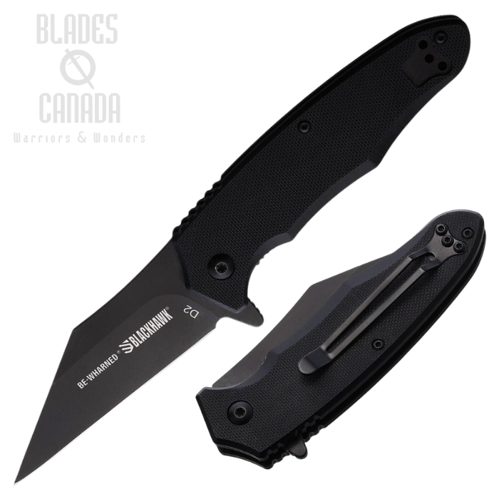 Blackhawk Be-Wharned Flipper Folding Knife, Assisted Opening, D2 Black, G10 Black, BH15BW201BK