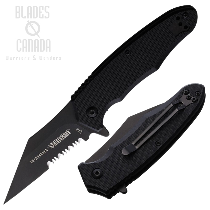 Blackhawk Be-Wharned Flipper Folding Knife, Assisted Opening, D2 Black Serrated, G10 Black, BH15BW211BK