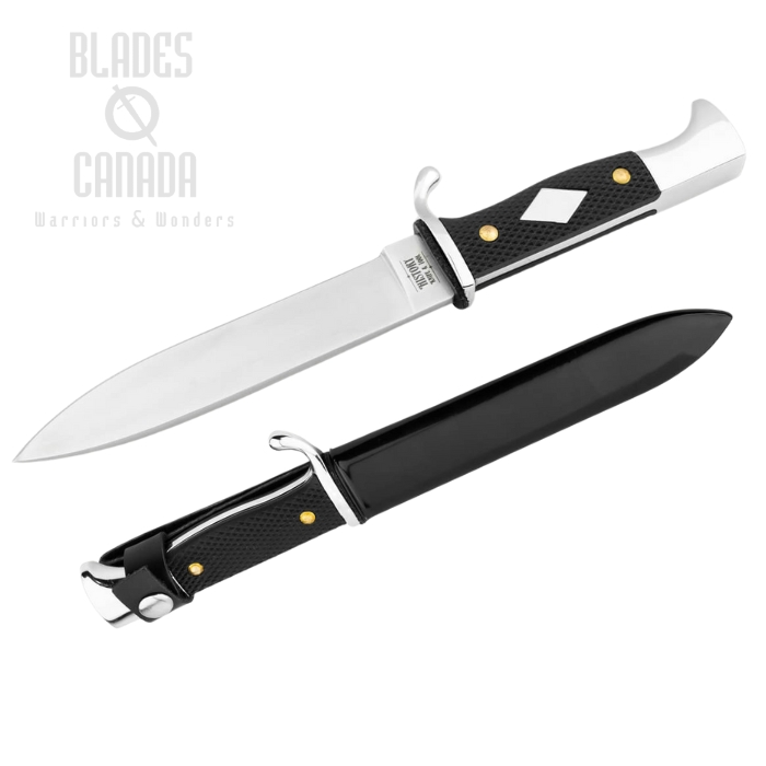 Boker History Knife & Tool German Scout Fixed Blade Knife, 440A Satin, POM Black, Leather Sheath, 02HY004 Boker History Knife & Tool German Scout Fixed Blade Knife, 440A Satin, POM Black, Leather Sheath, 02HY004