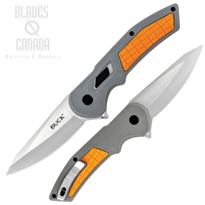 Buck 261 Hexam Flipper Button Lock Knife, Assisted OPening, Grey/Orange Handle, 0261ORS-B