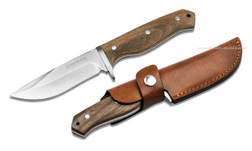 Boker Magnum Walnut Drop Fixed Blade Knife, Walnut Handle, Leather Sheath, 02SC338