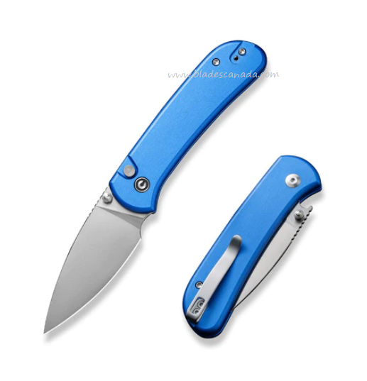 CIVIVI Qubit Button lock Folding Knife, 14C28N Satin, Aluminum Blue, C22030E-3