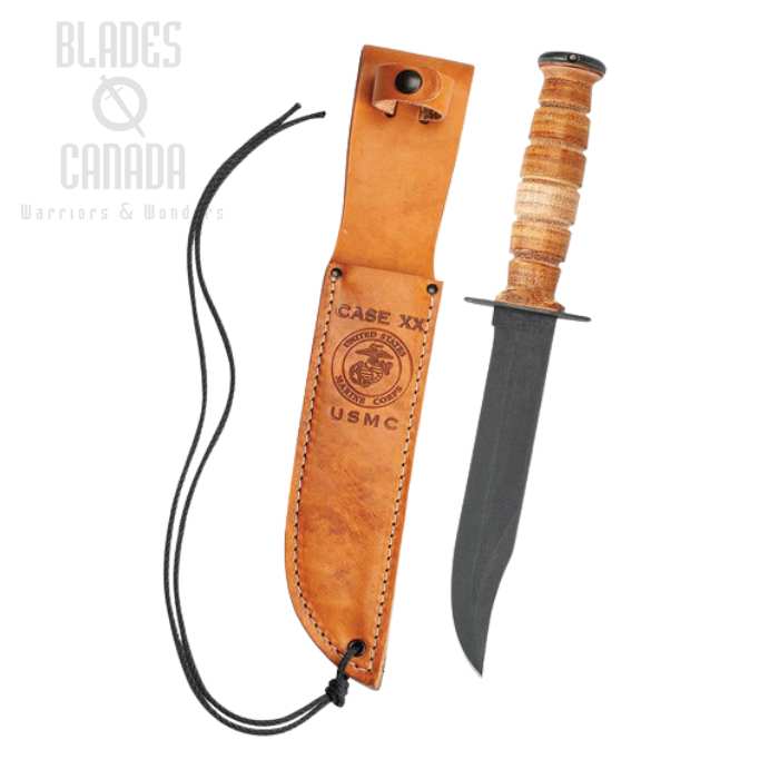 Case Hunter USMC Fixed Blade Knife, 1095 Carbon, Leather Handle, Leather Sheath, 00334