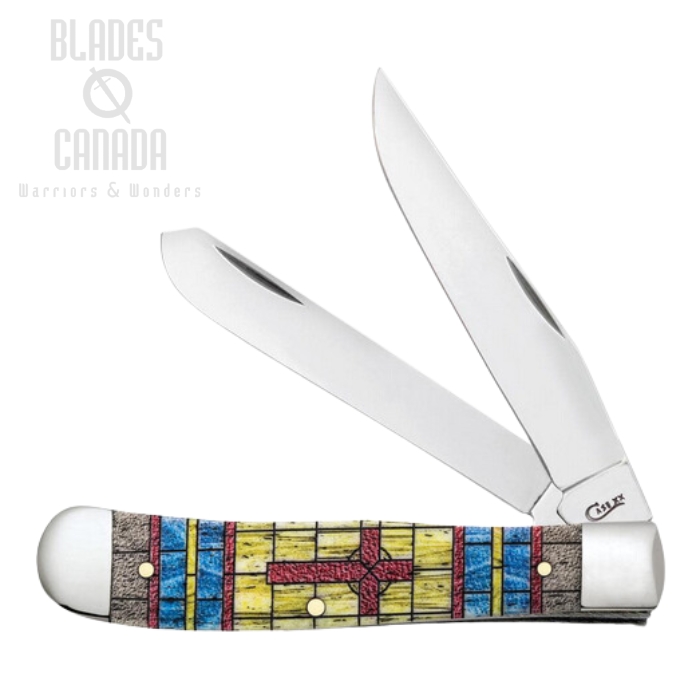 Case Trapper Slipjoint Folding Knife, Stainless Steel, Stainled Glass Cross Natural Bone, 38713