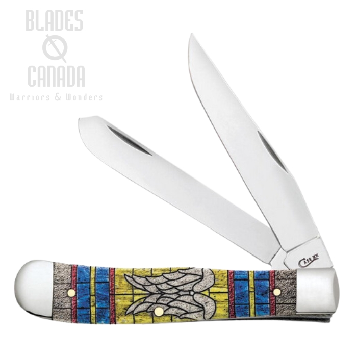 Case Trapper Slipjoint Folding Knife, Stainless Steel, Stained Glass Angel Wings Natural Bone, 38714