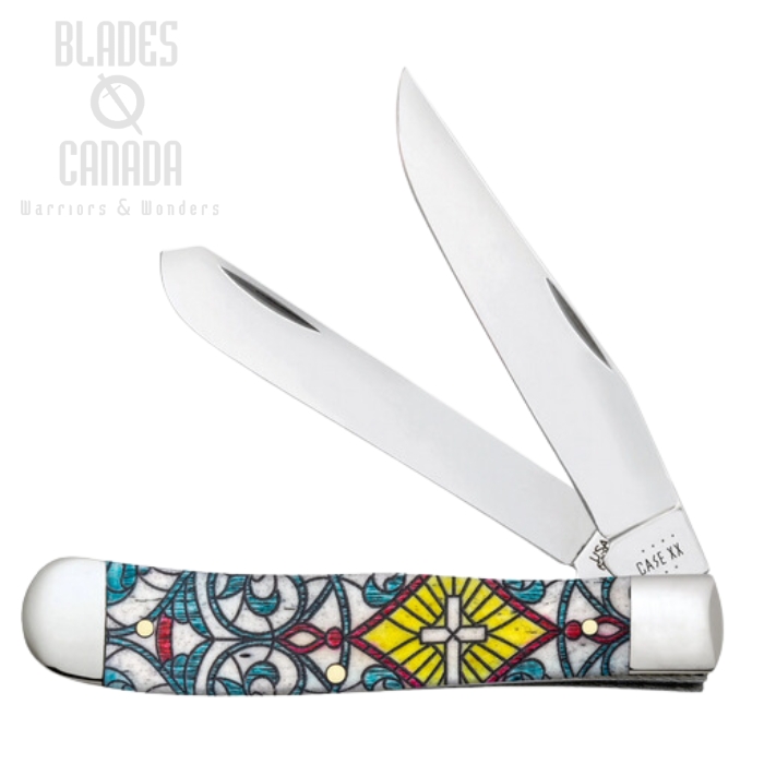 Case Trapper Slipjoint Folding Knife, Stainless, Stained Glass Cross Natural Bone, 38817