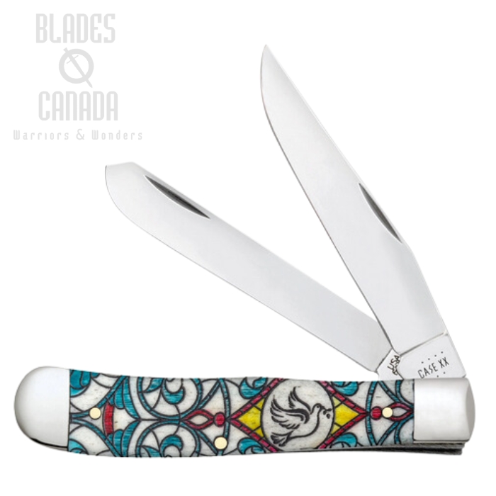 Case Trapper Slipjoint Folding Knife, Stainless, Stained Glass Dove Natural Bone, 38819