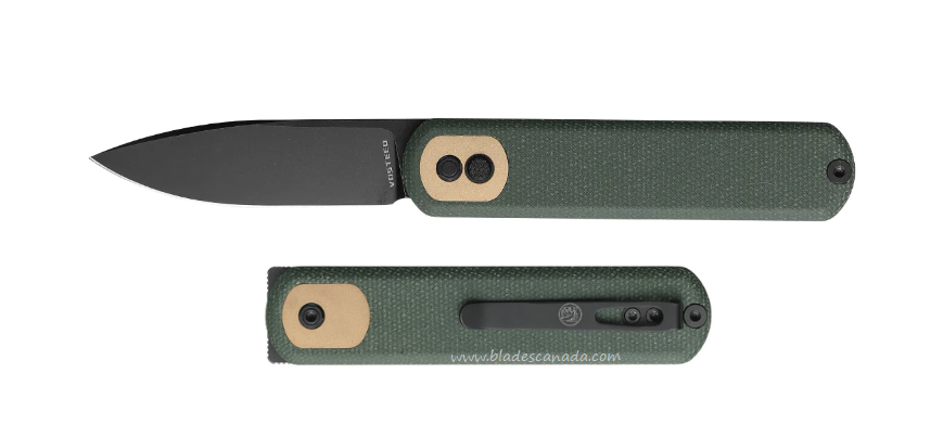 Vosteed Corgi Flipper Button Lock Folding Knife, 14C28N Black SW, Micarta Green, CG3SVM1