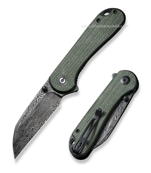CIVIVI Elementum Flipper Folding Knife, Damascus, Micarta Green, C18062AF-DS1