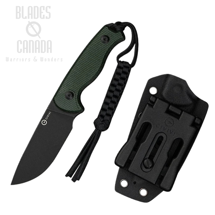 CIVIVI Timberbark Fixed Blade Knife, 14C28N Black, Micarta Green, Kydex Sheath, C23094-3