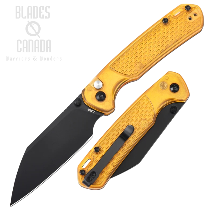 CJRB Pyrite-Light Button Lock Folding Knife, AR-RPM9 Black, FRN Amber, J1945-AMB