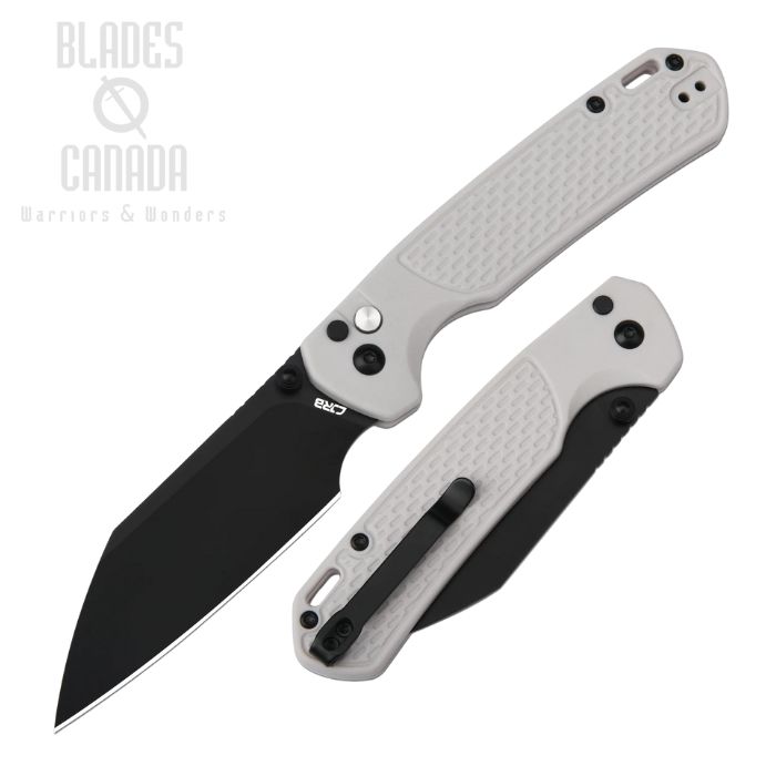 CJRB Large Pyrite-Light Button Lock Folding Knife, AR-RPM9 Black, FRN White, J1945-BGY