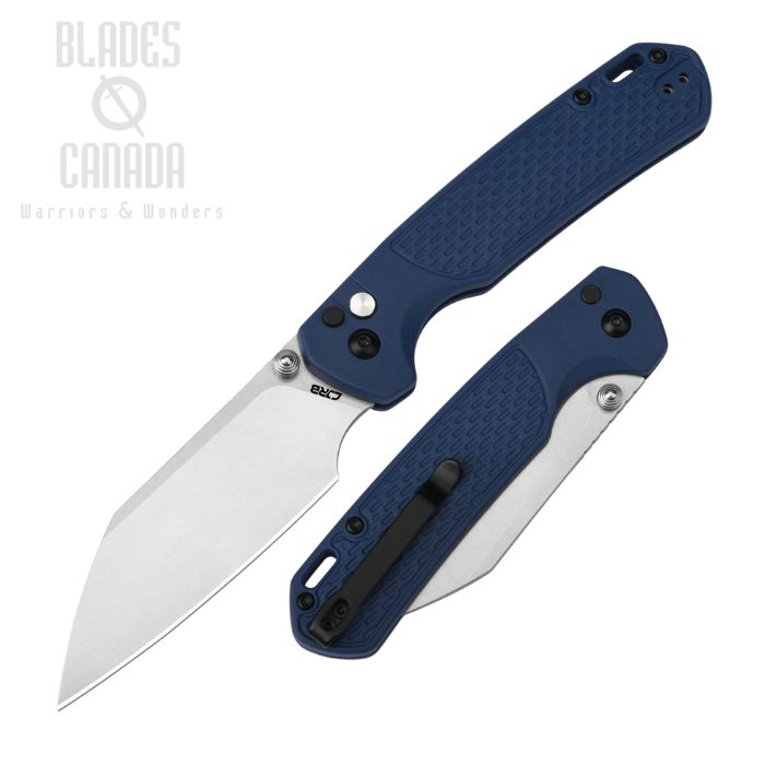 CJRB Large Pyrite-Light Button Lock Folding Knife, AR-RPM9 Stonewash, FRN Blue, J1945-BU