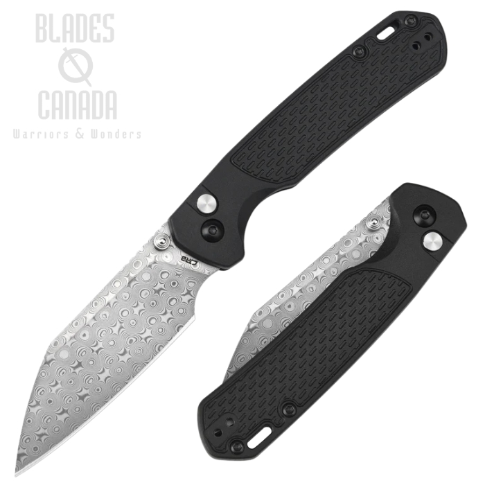 CJRB Pyrite-Light Button Lock Folding Knife, Damascus, FRN Black, J1945D-BK