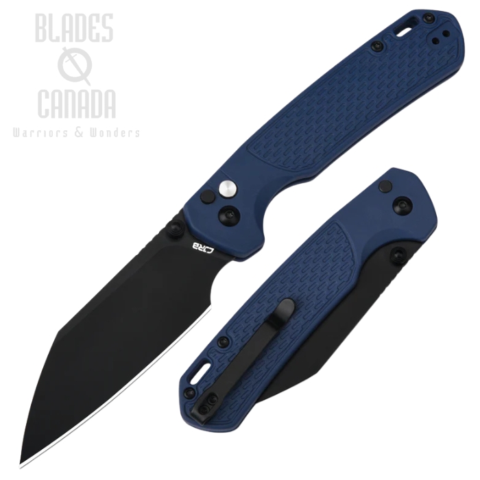 CJRB Large Pyrite-Light Button Lock Folding Knife, AR-RPM9 Black, FRN Blue, J1945L-BBU