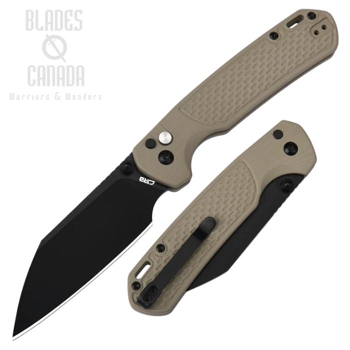 CJRB Large Pyrite-Light Button Lock Folding Knife, AR-RPM9 Black, G10 Desert, J1945L-BDE