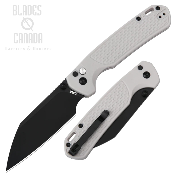 CJRB Large Pyrite-Light Button Lock Folding Knife, AR-RPM9 Black, FRN White, J1945L-BGY