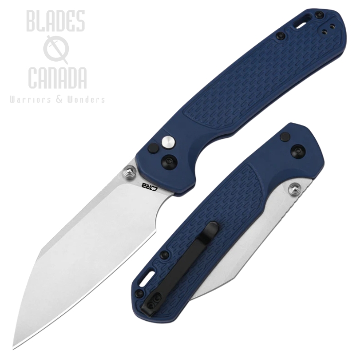 CJRB Large Pyrite-Light Button Lock Folding Knife, AR-RPM9 SW, FRN Blue, J1945L-BU