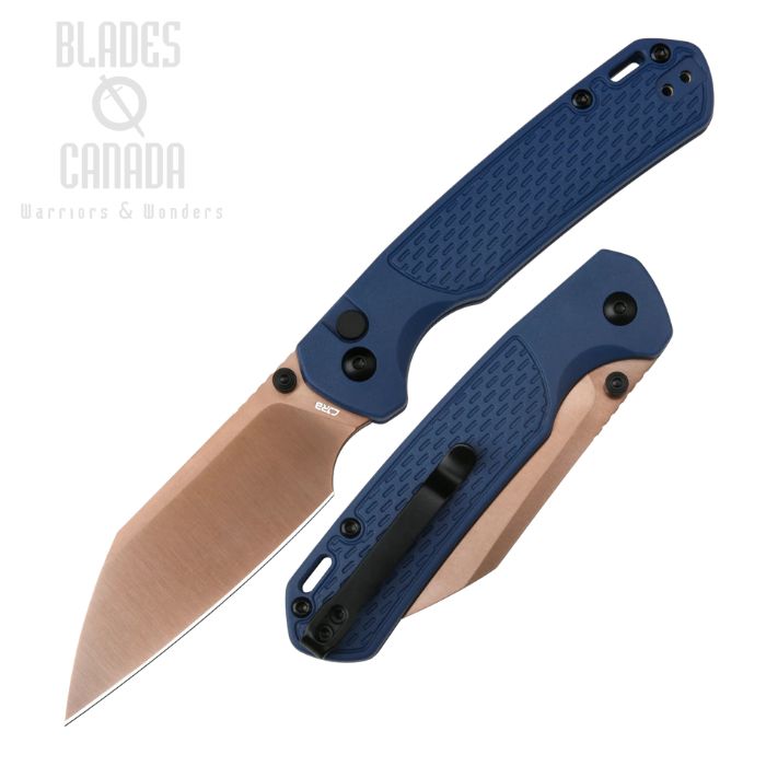 CJRB Pyrite-Light Button Lock Folding Knife, AR-RPM9 Rose Gold, FRN Blue, J1945-RG