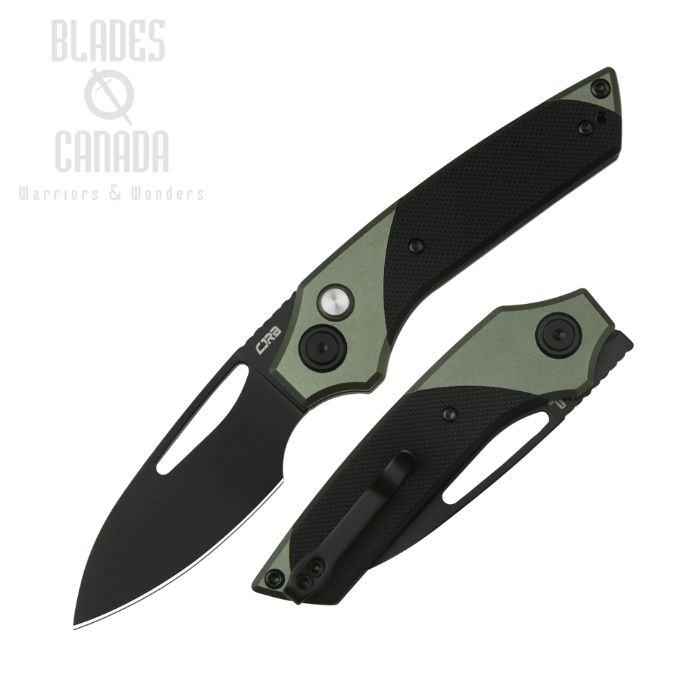 CJRB Version Flipper Button Lock Knife, AR-RPM9 Black, G10 Black/Aluminum Green, J1949-BBK