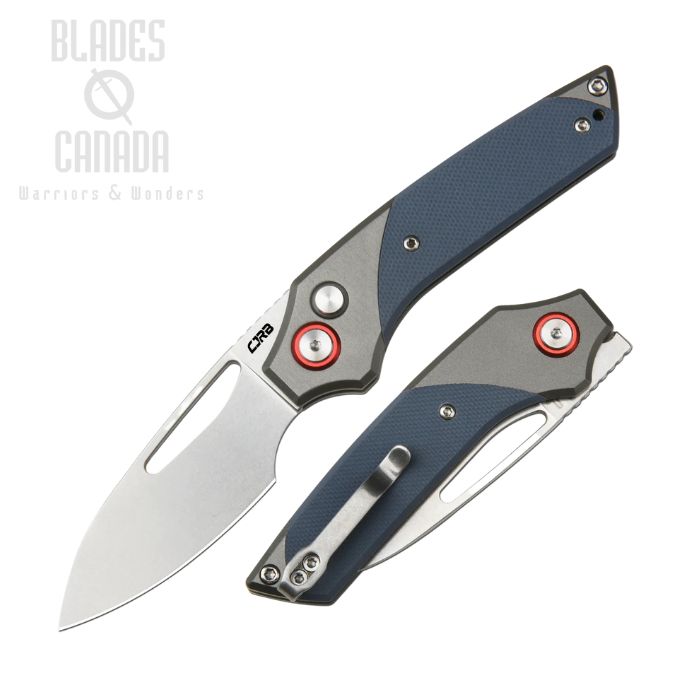 CJRB Version Flipper Button Lock Knife, AR-RPM9 Stonewash, Aluminum Gray/G10 Blue, J1949-GY